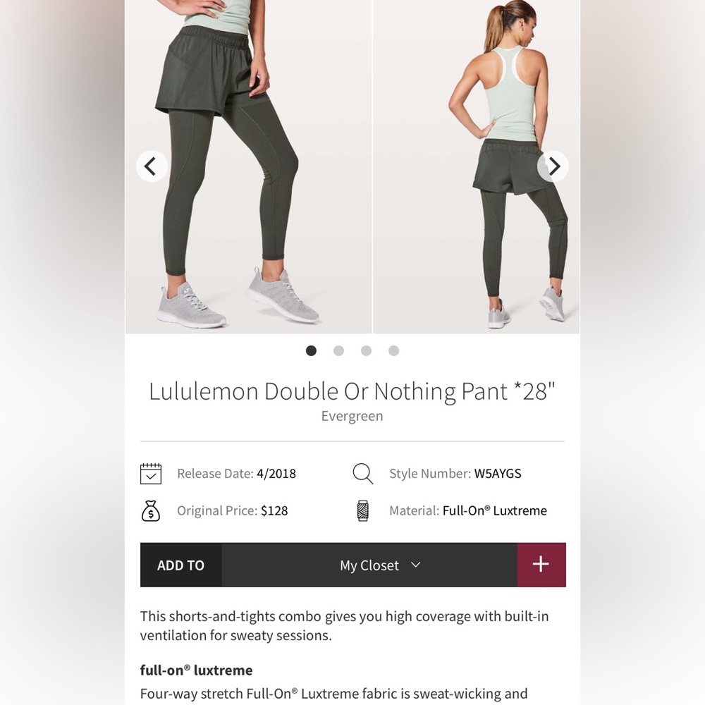 Lululemon Double Or Nothing Pant *28"
Evergreen